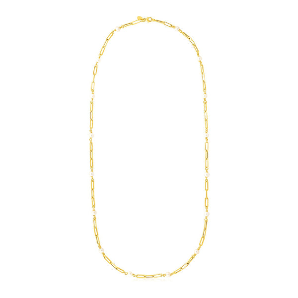 14k Yellow Gold Paperclip Chain and Pearl Necklace